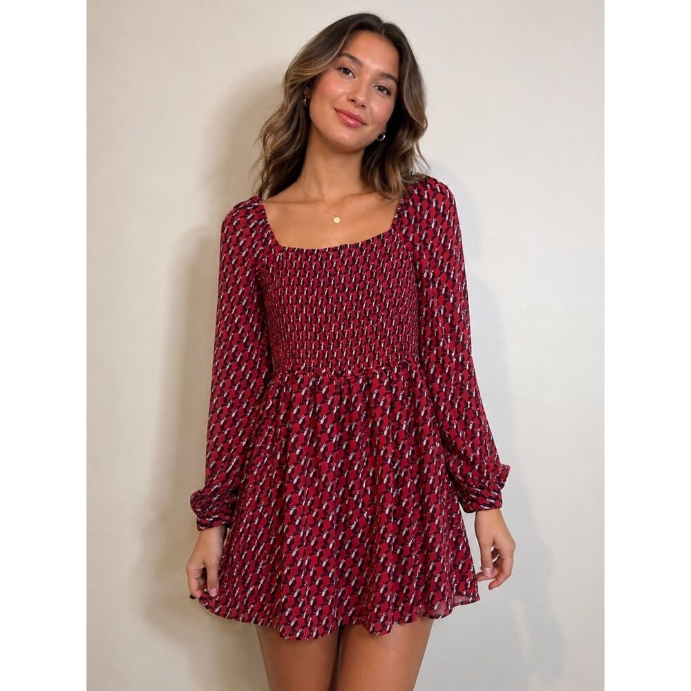 Avec Les Filles Juliet Red Toucan Print Smocked Long Sleeve Mini Dress Size XS